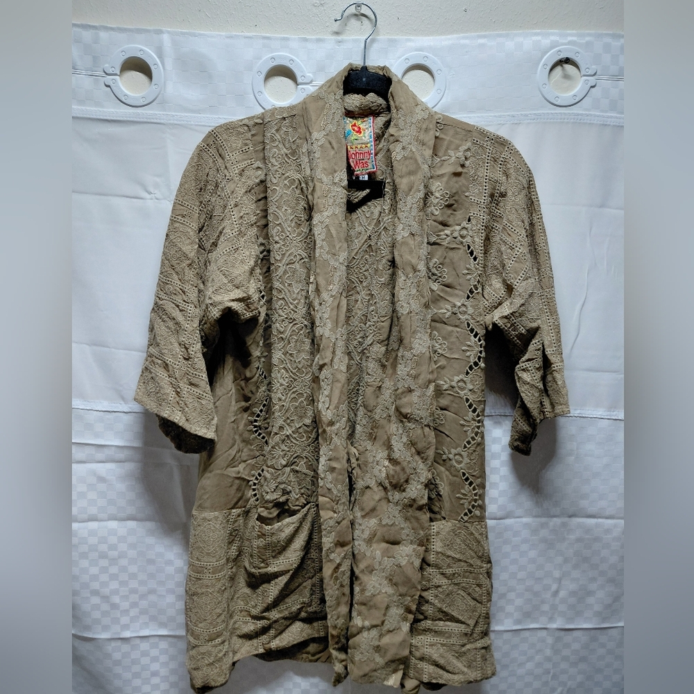 Johnny Was Brown Embroidered Open Front Kimono Jacket